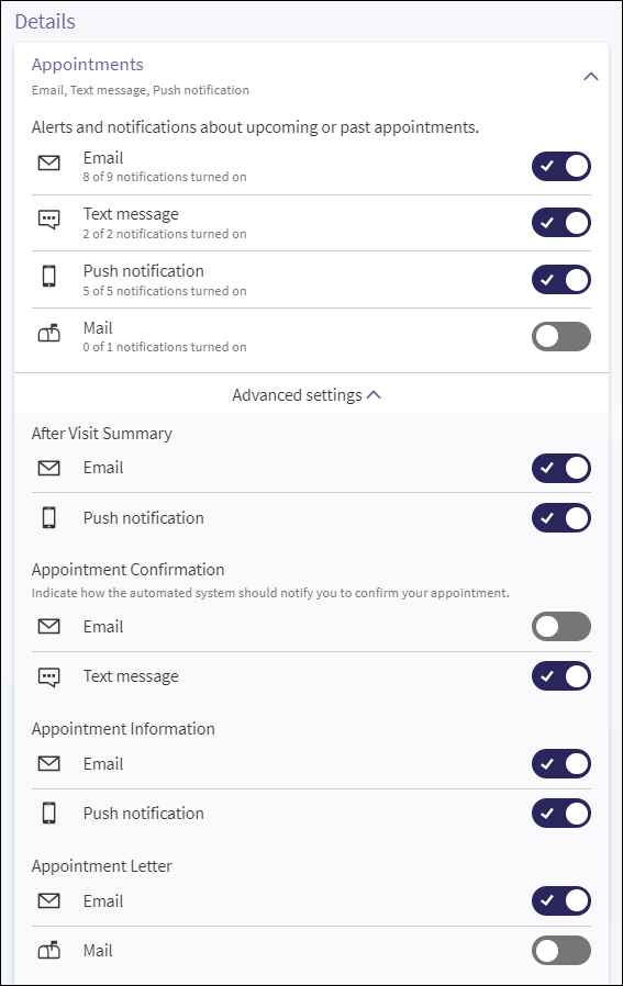 Screenshot example showing "Advanced Settings" under Appointments
